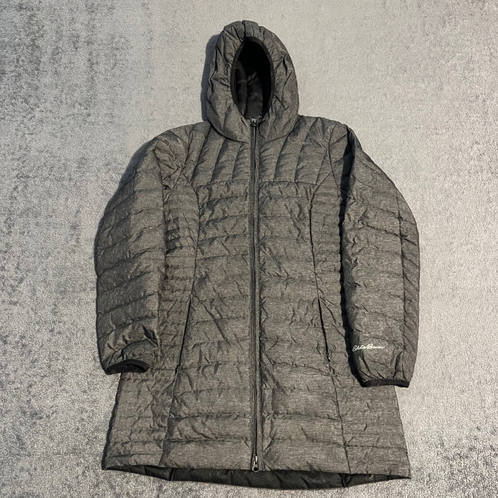 NWOT Eddie Bauer Womens Gray Heather Long Down Puffer Parka Hooded Jacket Medium